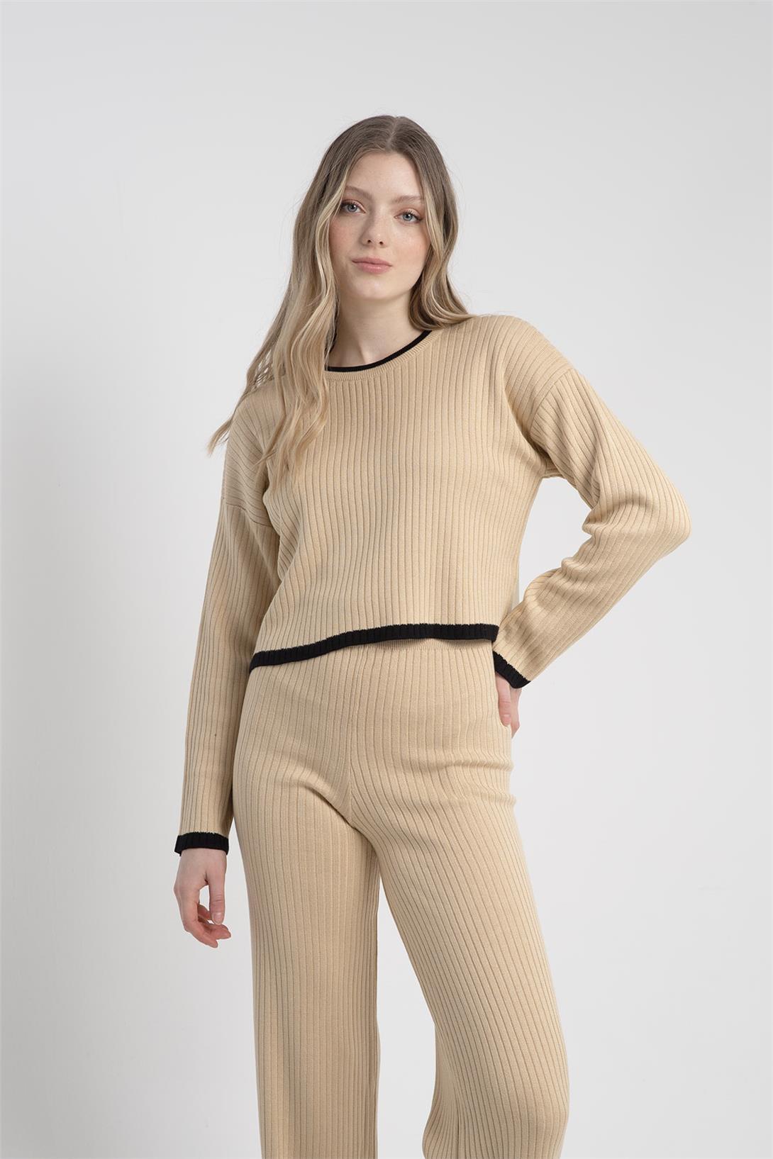 Avrile Kadın ÇİZGİ DETAYLI TRİKO TAKIM CAMEL-SİYAH A92248-S