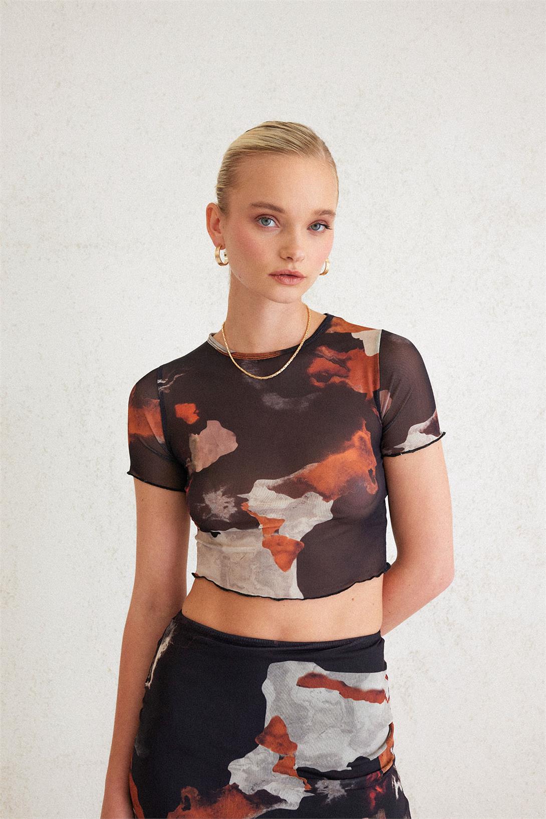 Avrile Kadın Desenli Tül T-Shirt BEJ A23-10144