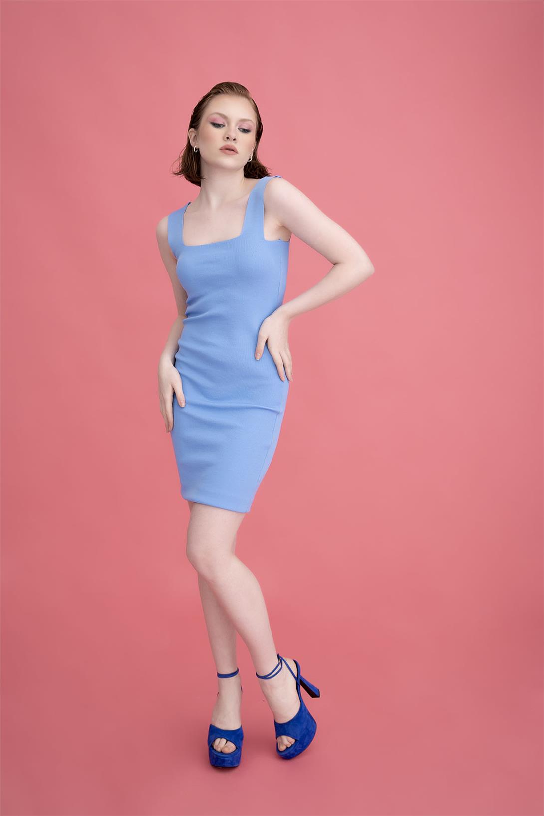 Avrile Kadın Kare Yaka Askılı Triko Elbise BEBE MAVİ A90827