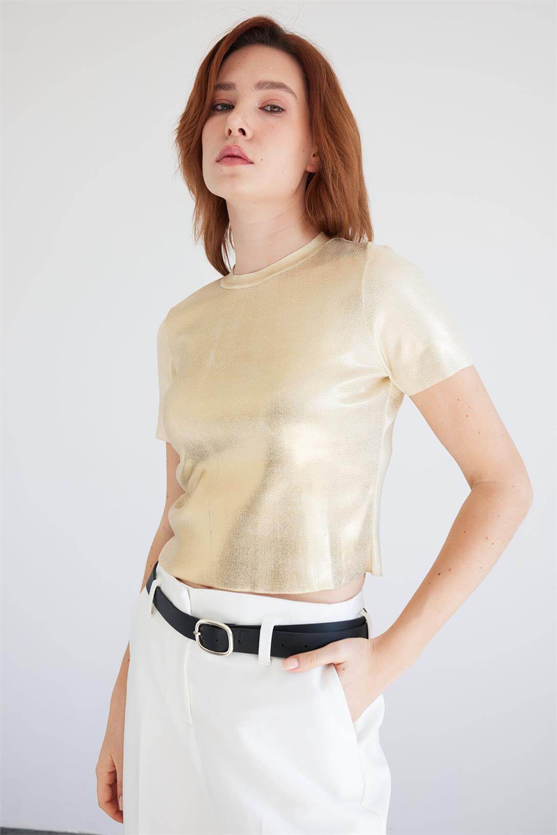 Avrile Kadın METALİK TRİKO T-SHIRT HAM EKRU A92508-S