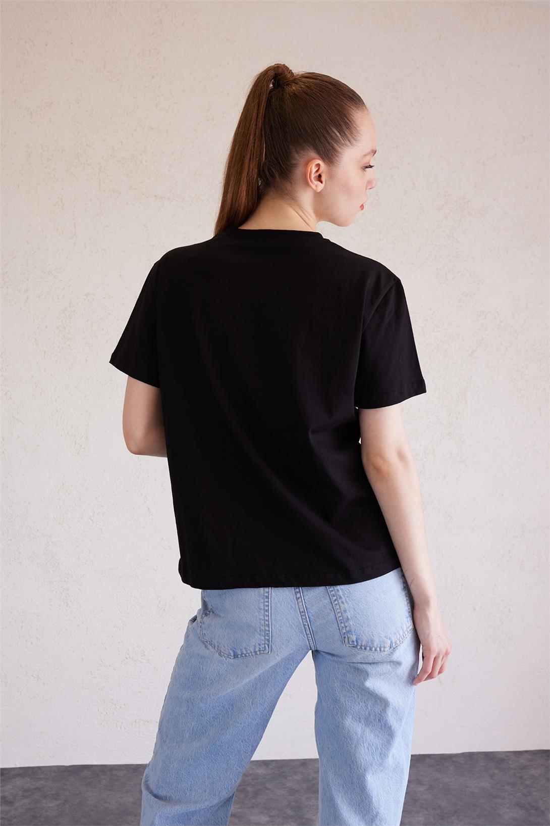 Avrile Kadın Nakışlı Kısa Kollu T-Shirt SİYAH MA23-1022