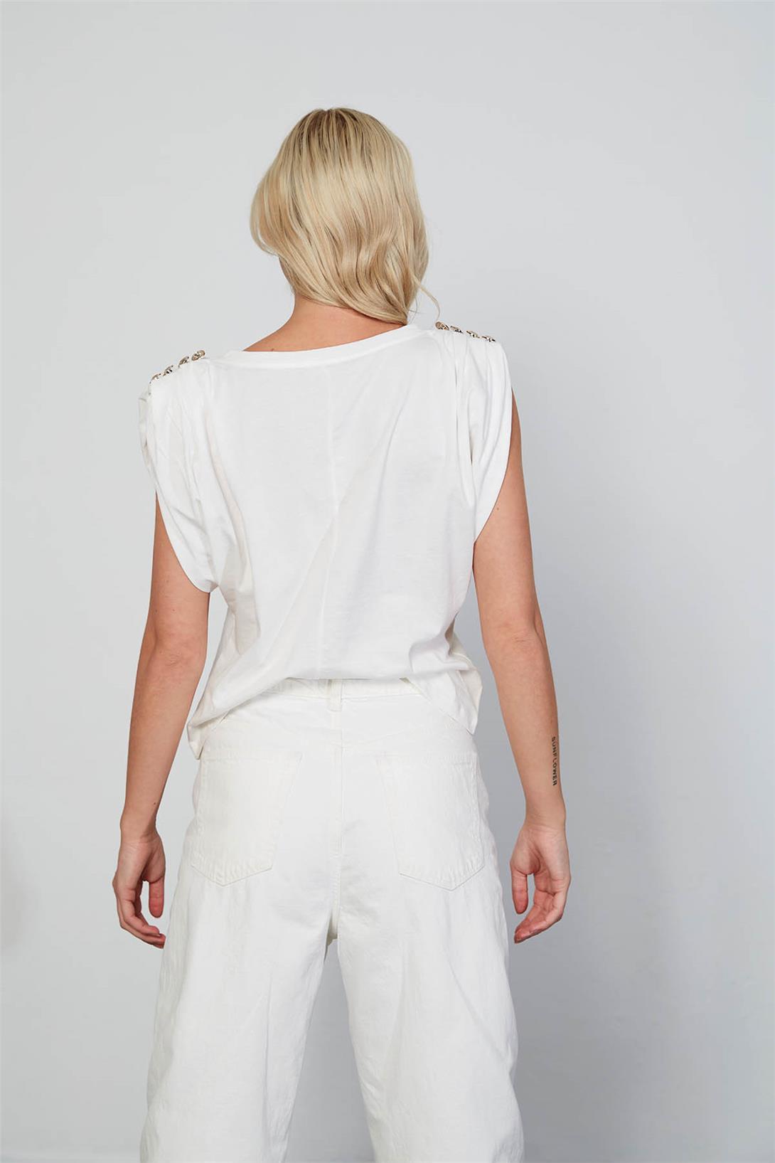 Avrile Kadın Omuzları Düğme Detaylı T-Shirt EKRU A23-10139