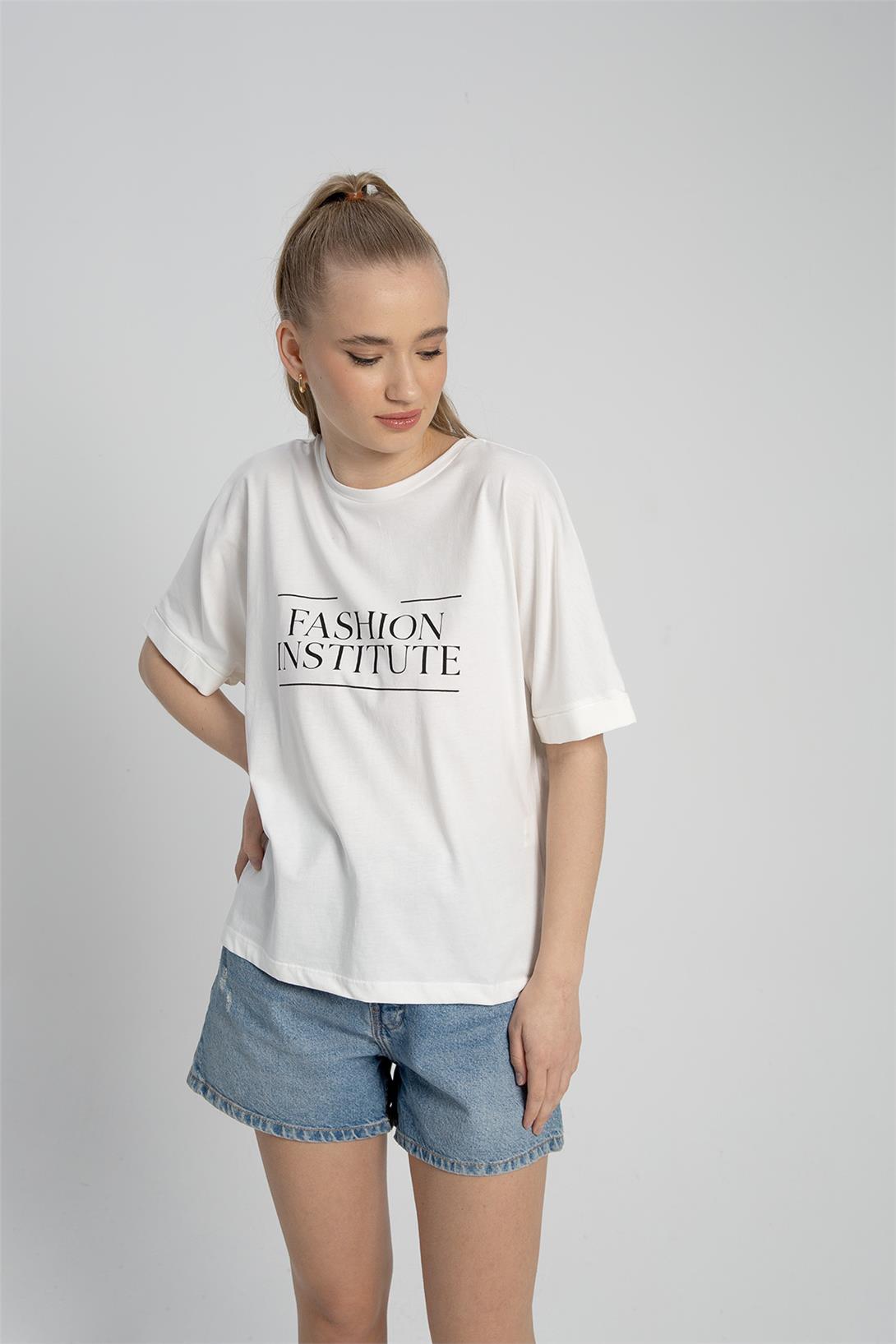 Avrile Kadın Önü Yazı Baskılı T-Shirt EKRU A23-10119