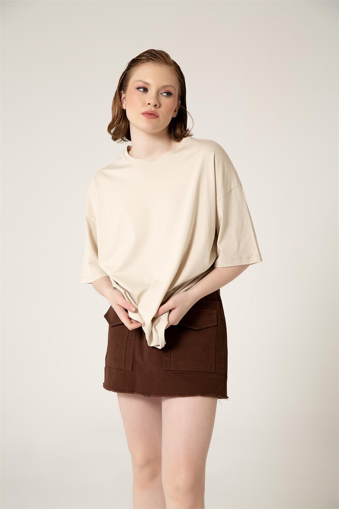 Avrile Kadın Oversize T-Shirt BEJ A23-10111