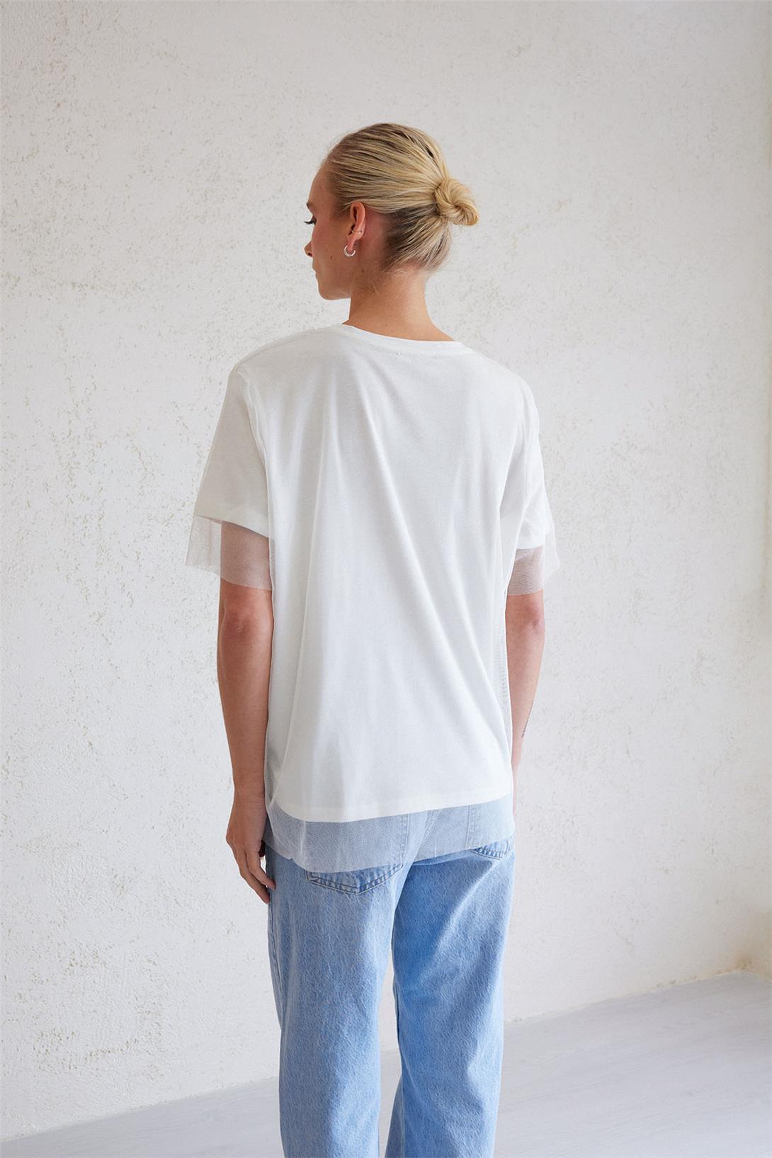 Avrile Kadın Tül Detaylı T-Shirt EKRU MA23-1009