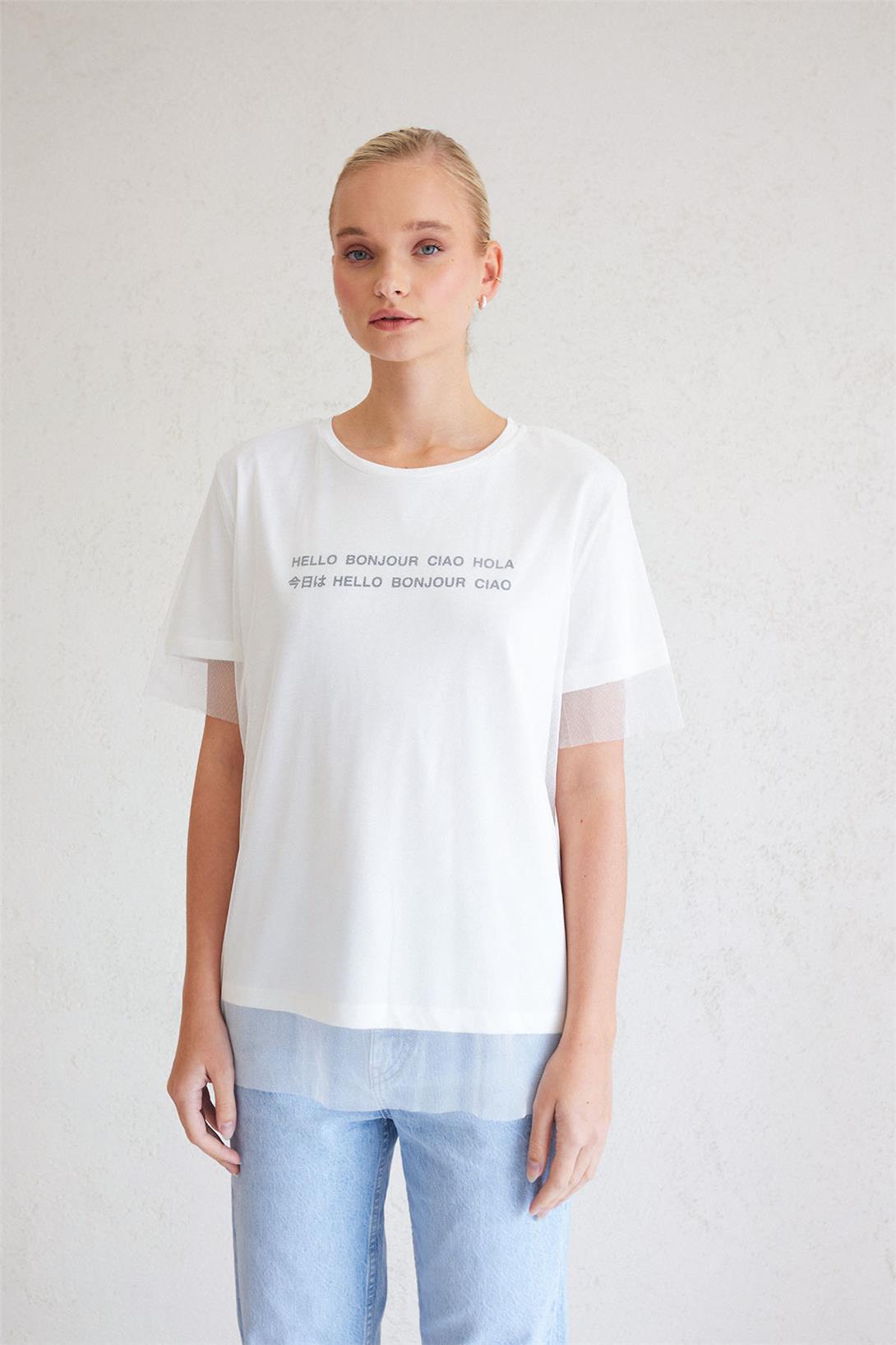 Avrile Kadın Tül Detaylı T-Shirt EKRU MA23-1009