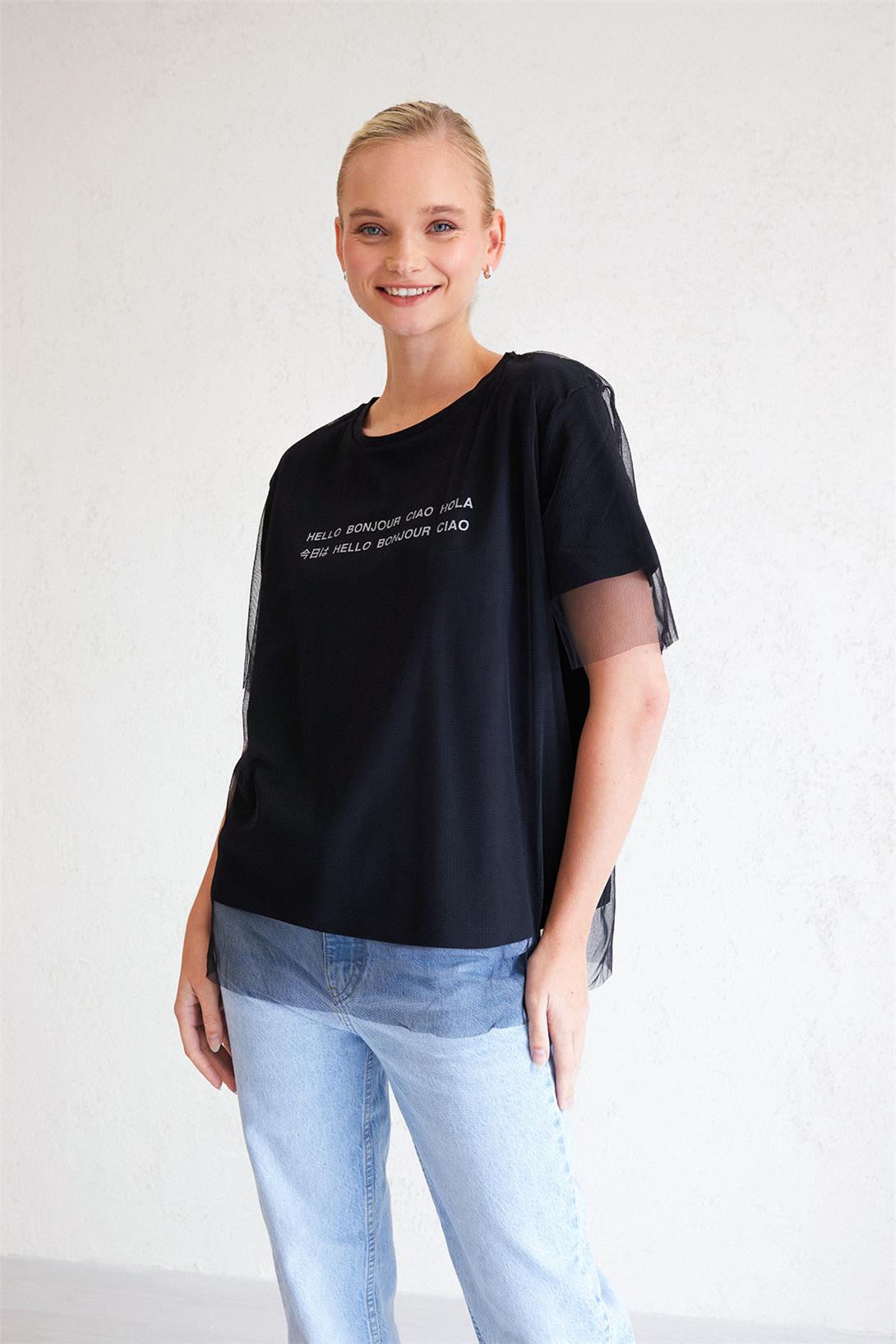 Avrile Kadın Tül Detaylı T-Shirt SİYAH MA23-1009