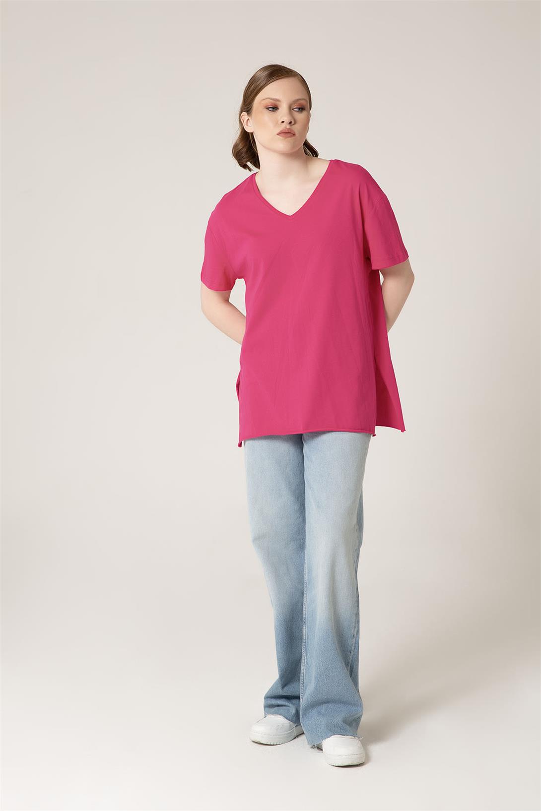 Avrile Kadın V Yaka Basic T-Shirt FUŞYA A23-10115