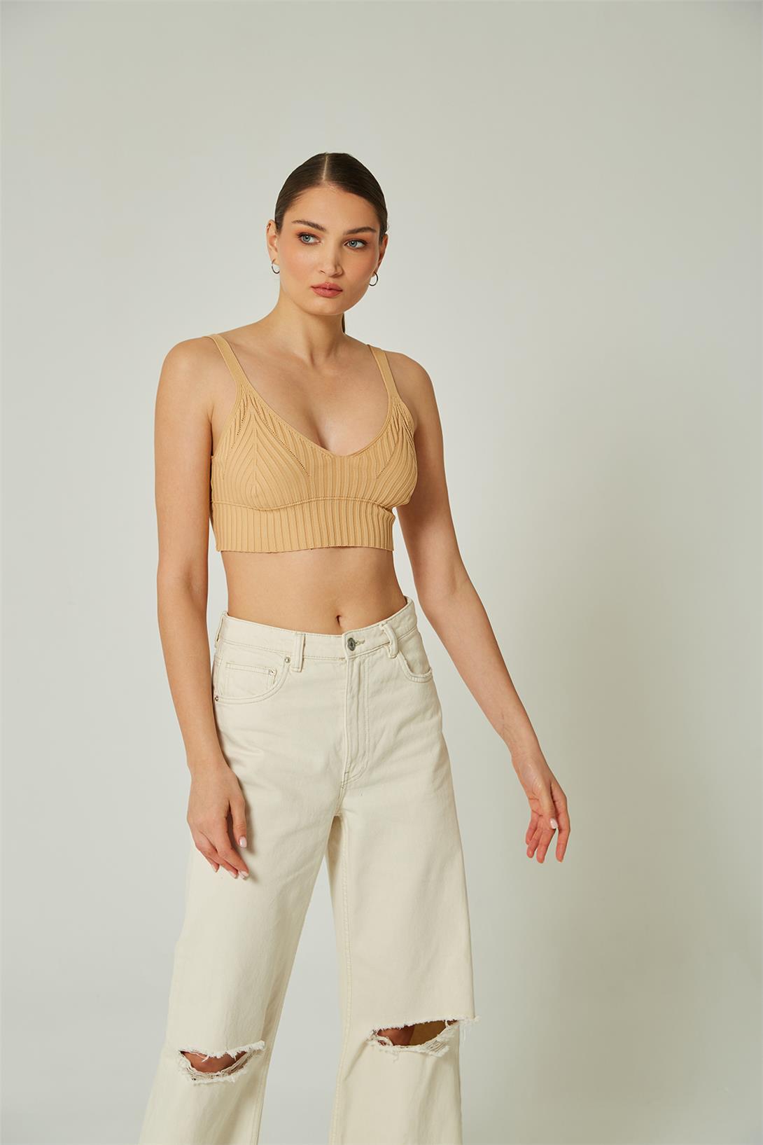 Avrile Kadın V Yaka Triko Atlet CAMEL A92269-S