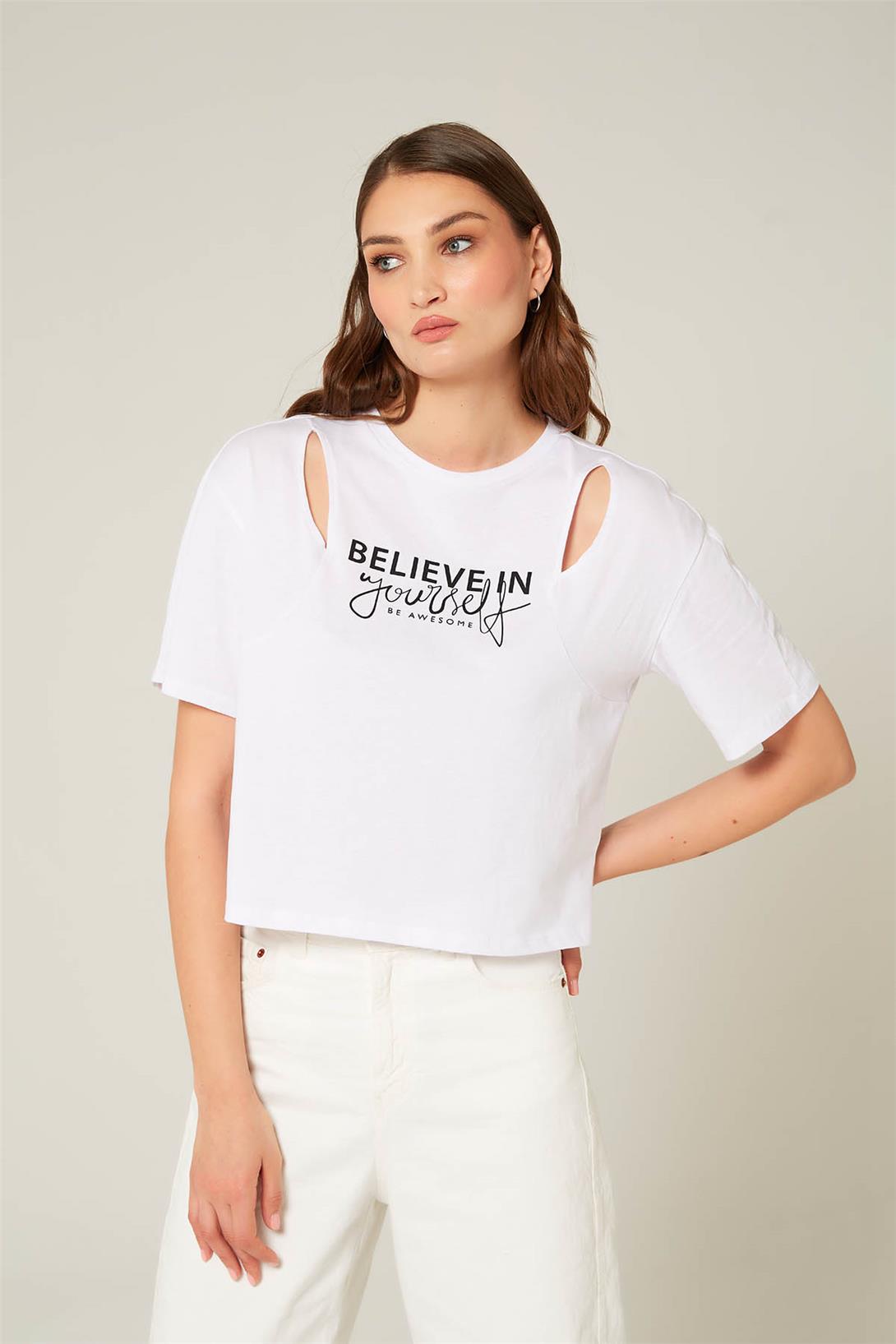 Avrile Kadın Yazı Baskılı T-Shirt BEYAZ A23-10134