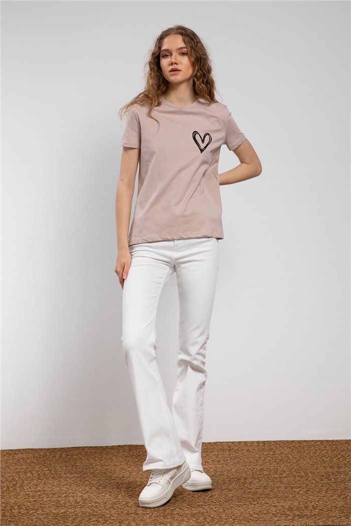 Avrile Kalp Baskılı T-Shirt  BEJ  A21-10432