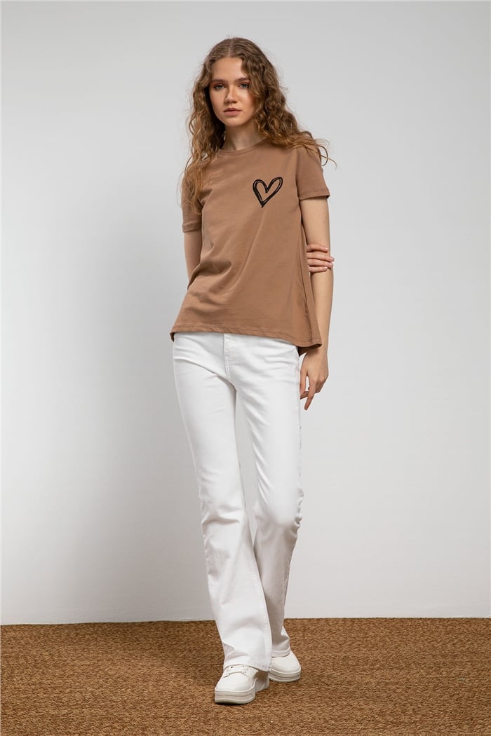 Avrile Kalp Baskılı T-Shirt  CAMEL  A21-10432
