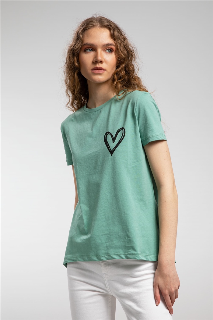 Avrile Kalp Baskılı T-Shirt  MİNT YEŞİLİ  A21-10432