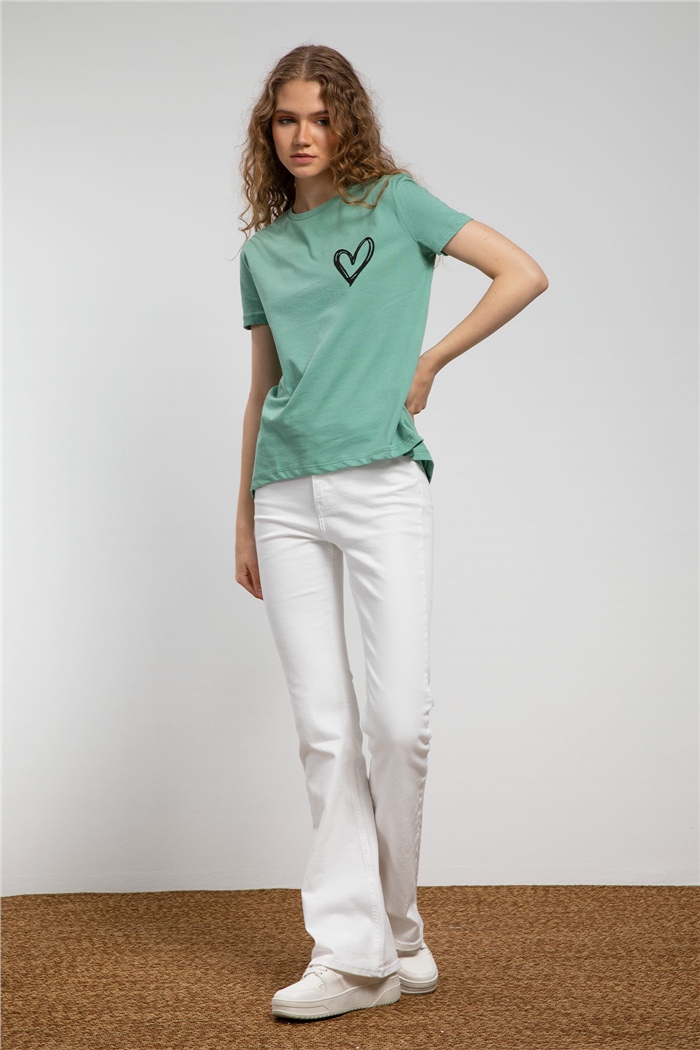 Avrile Kalp Baskılı T-Shirt  MİNT YEŞİLİ  A21-10432