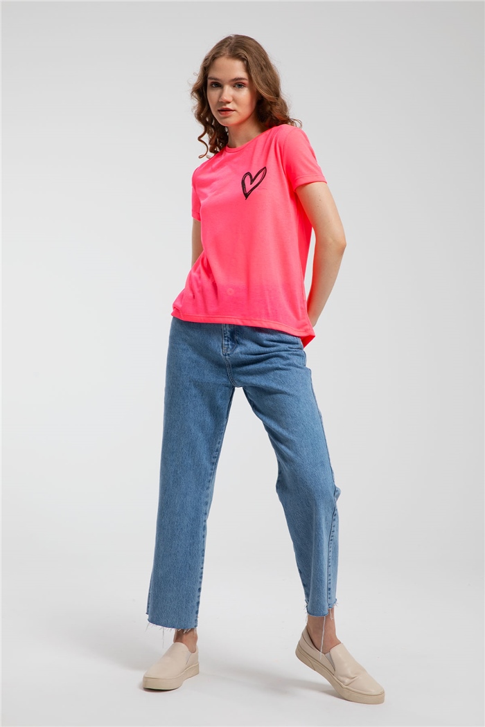 Avrile Kalp Baskılı T-Shirt  NEON FUŞYA  A21-10432
