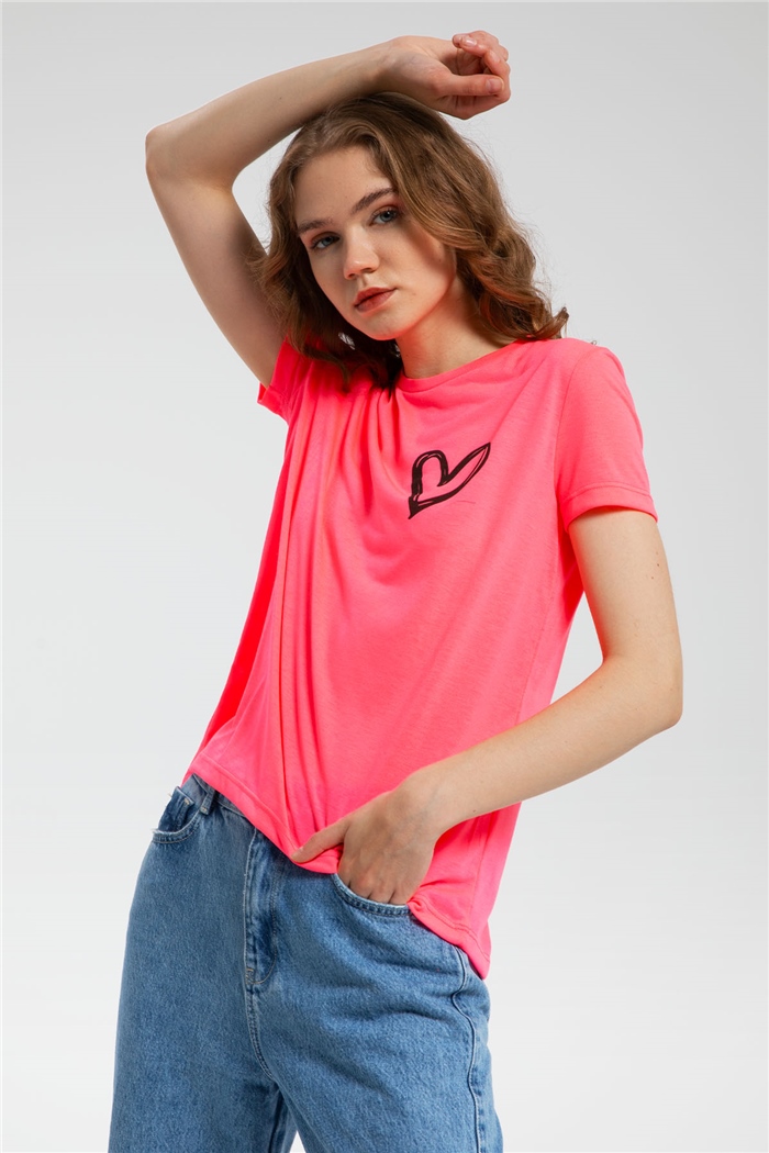 Avrile Kalp Baskılı T-Shirt  NEON FUŞYA  A21-10432