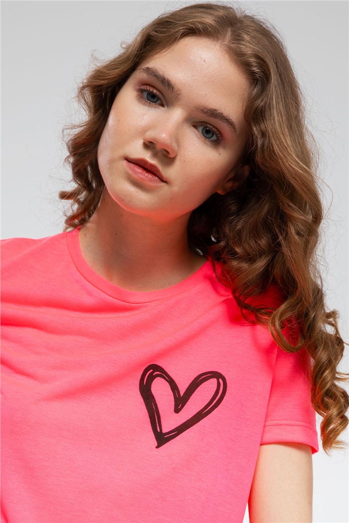 Avrile Kalp Baskılı T-Shirt  NEON FUŞYA  A21-10432
