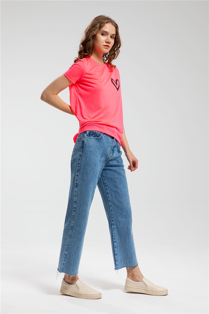 Avrile Kalp Baskılı T-Shirt  NEON FUŞYA  A21-10432