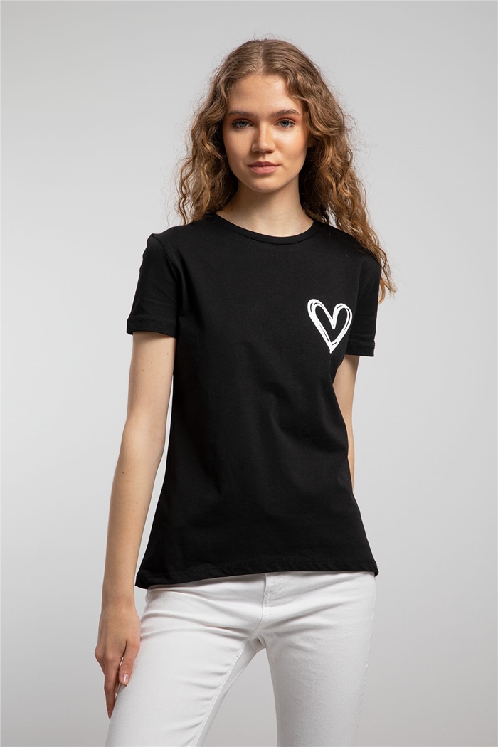 Avrile Kalp Baskılı T-Shirt  SİYAH  A21-10432