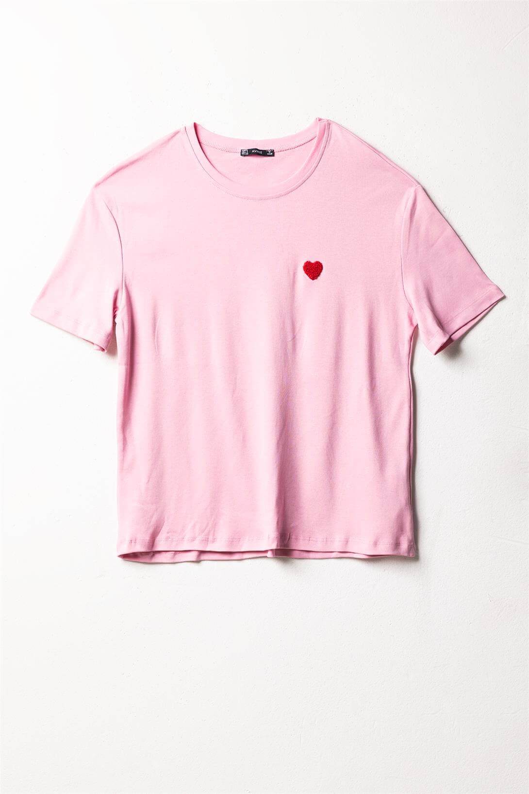 Avrile  KALP NAKIŞLI BİSİKLET YAKA T-SHIRT PEMBE A25-10352