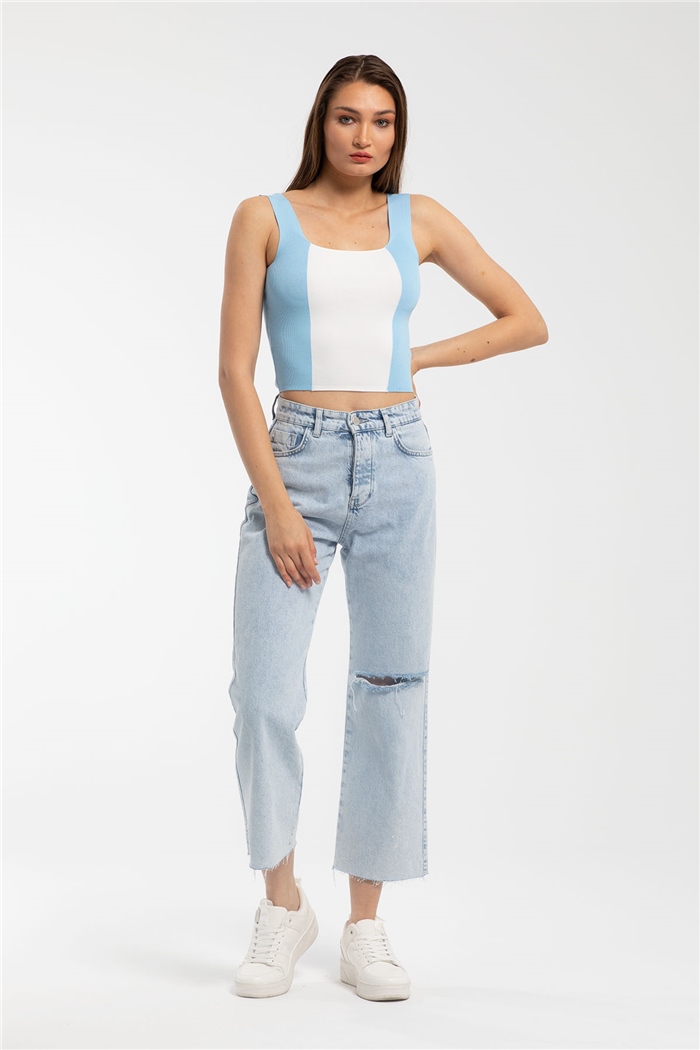 Avrile Kare Yaka İki Renkli Triko Bluz  BEBE MAVİ  A91785-S
