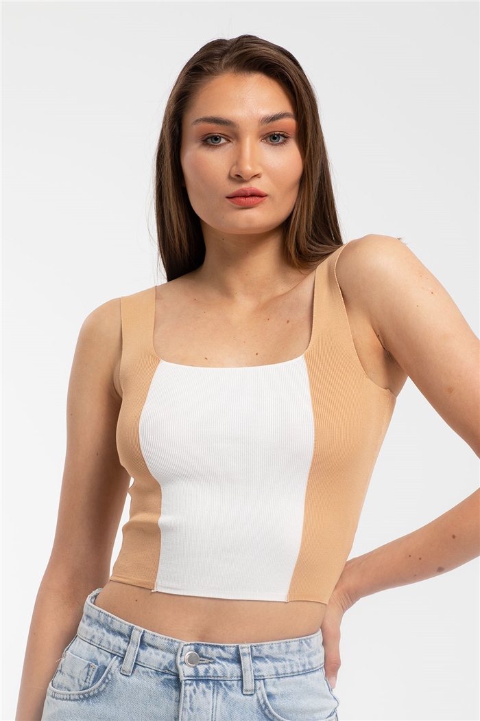 Avrile Kare Yaka İki Renkli Triko Bluz  CAMEL  A91785-S