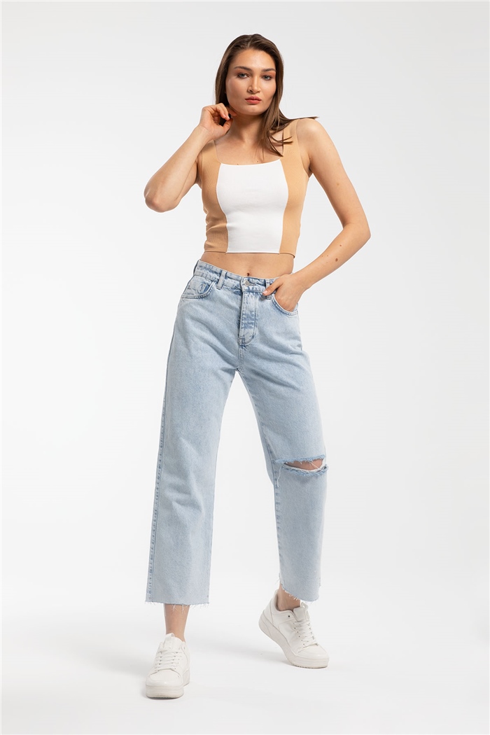 Avrile Kare Yaka İki Renkli Triko Bluz  CAMEL  A91785-S