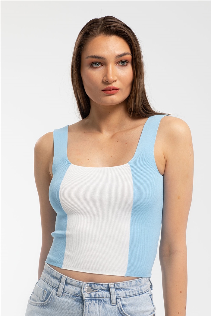 Avrile Kare Yaka İki Renkli Triko Bluz  BEBE MAVİ  A91785-S