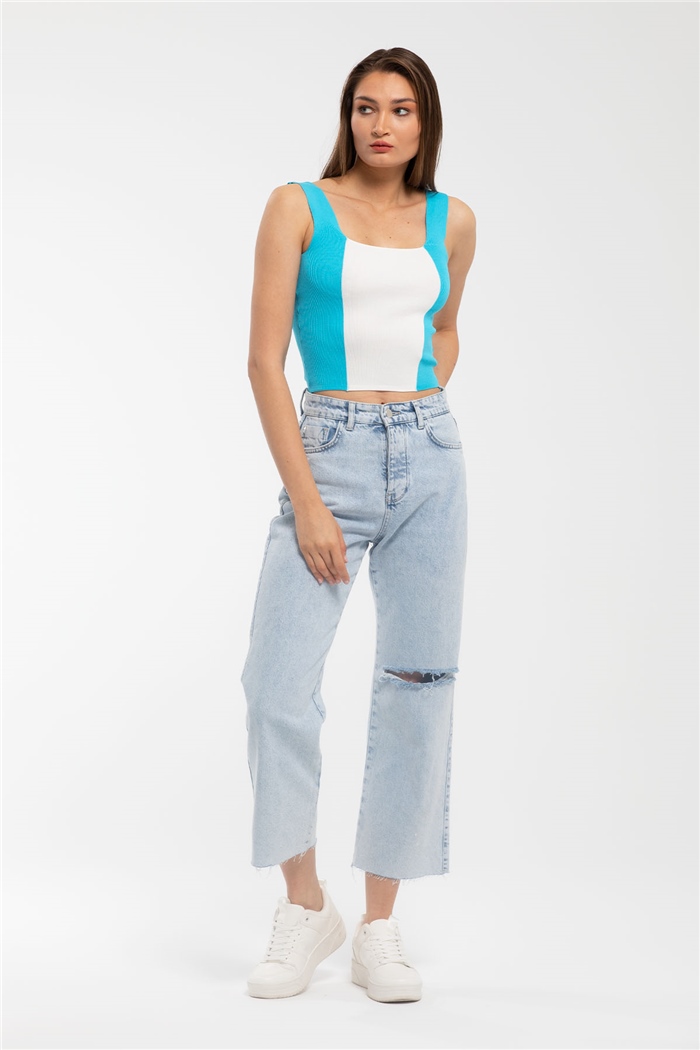 Avrile Kare Yaka İki Renkli Triko Bluz  AQUA  A91785-S
