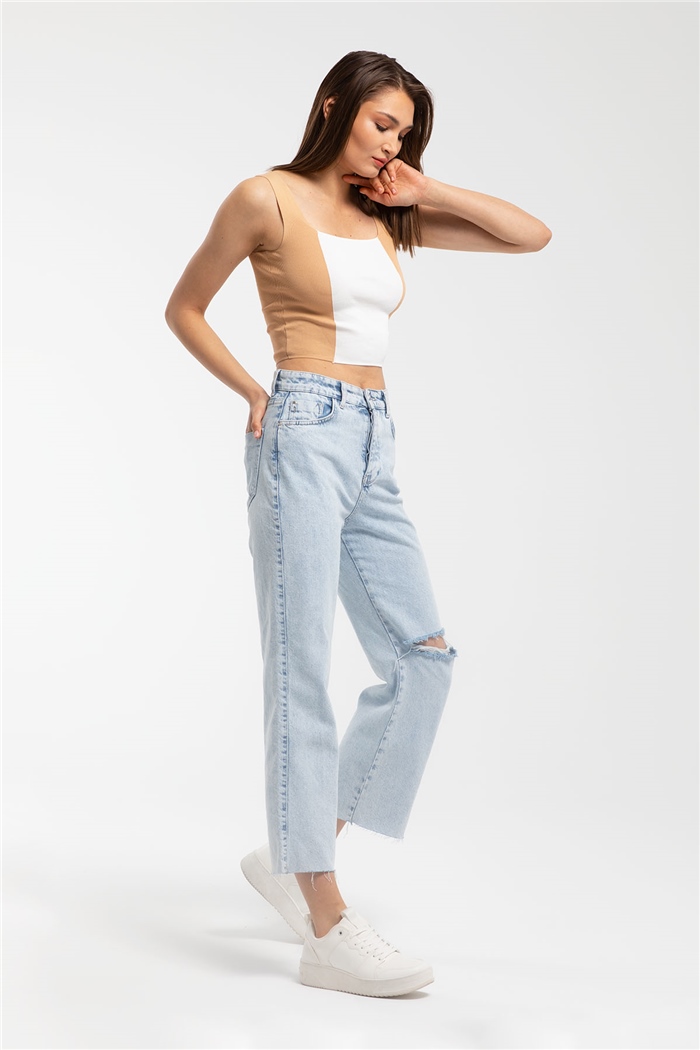 Avrile Kare Yaka İki Renkli Triko Bluz  CAMEL  A91785-S