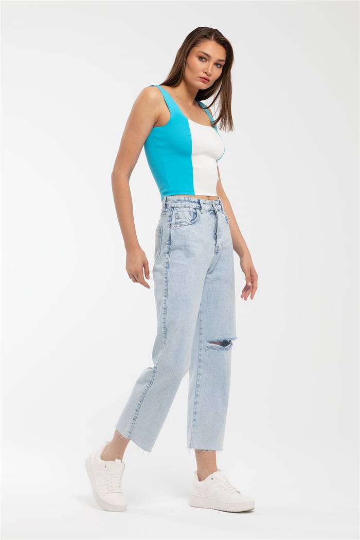 Avrile Kare Yaka İki Renkli Triko Bluz  AQUA  A91785-S