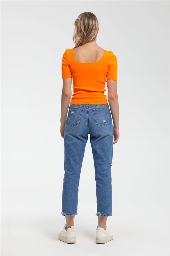 Avrile Kare Yaka Kısa Kollu Triko Kazak  NEON ORANJ  A91617-S