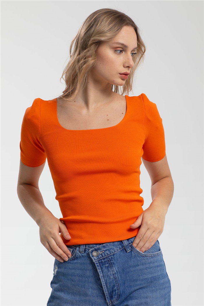 Avrile Kare Yaka Kısa Kollu Triko Kazak  ORANJ  A91617-S