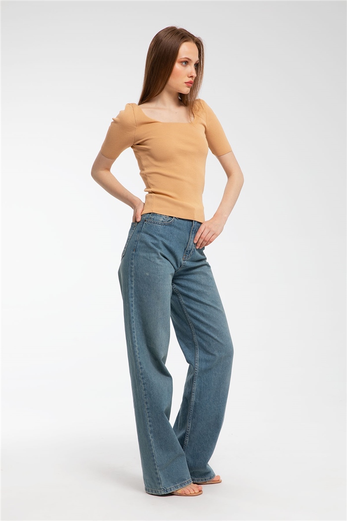 Avrile Kare Yaka Kısa Kollu Triko Kazak  CAMEL  A91617-S