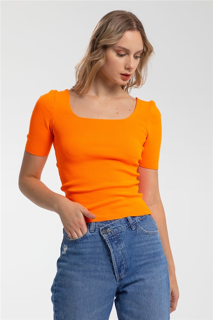 Avrile Kare Yaka Kısa Kollu Triko Kazak  NEON ORANJ  A91617-S