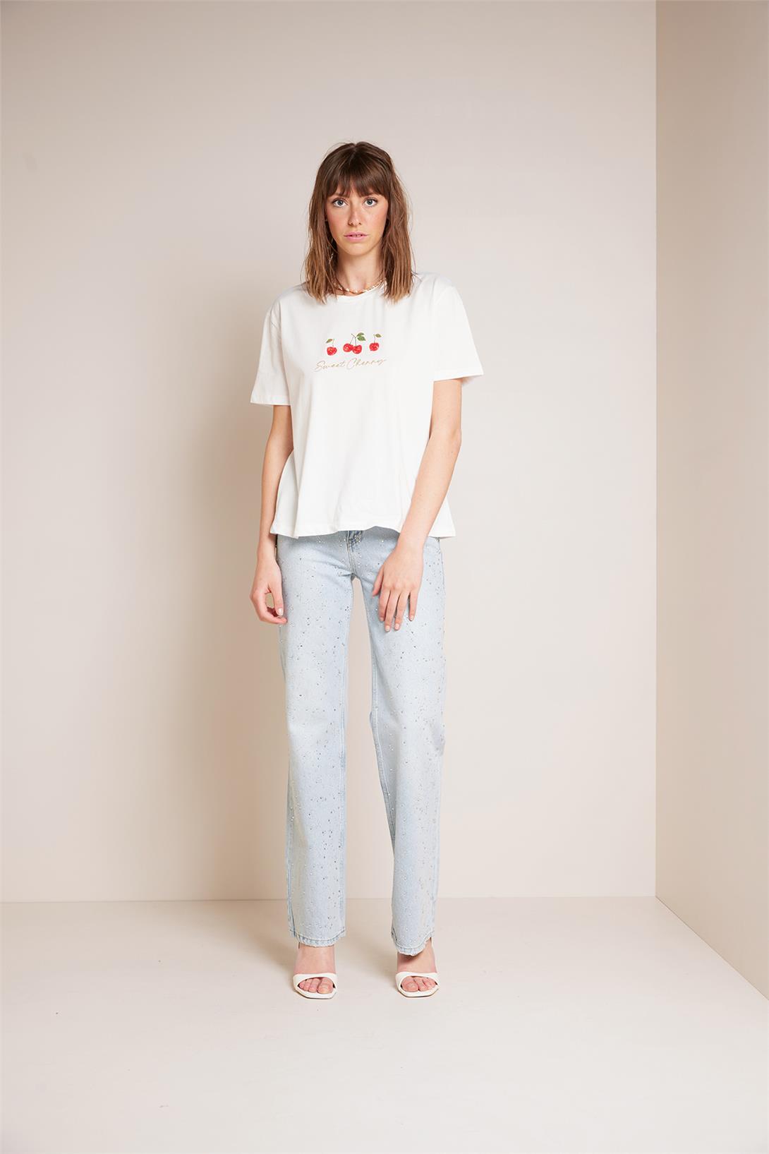 Avrile  KİRAZ BASKILI T-SHIRT EKRU A25-10391
