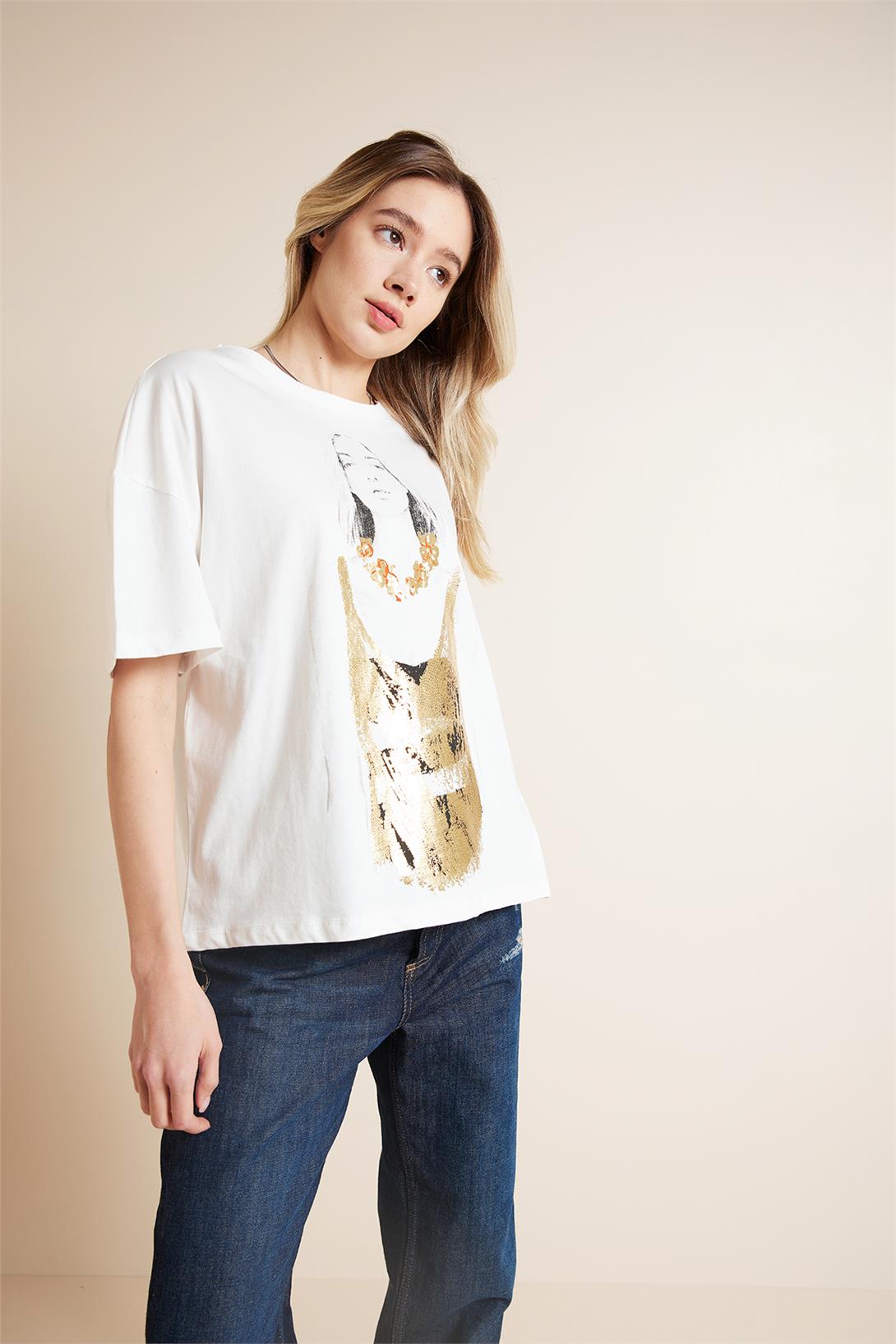 Avrile  KIZ BASKILI T-SHIRT EKRU SA25-1001