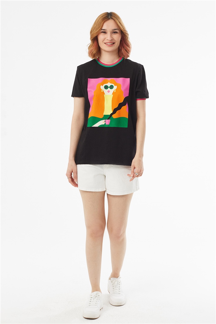 Avrile Kız Baskılı T-Shirt  SİYAH  A21-10523