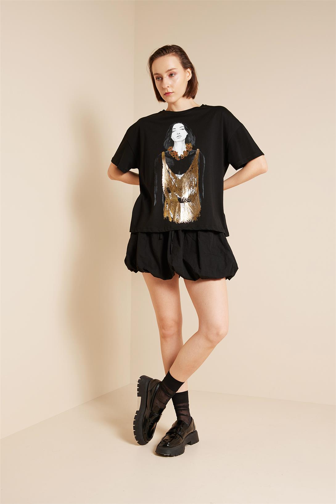 Avrile  KIZ BASKILI T-SHIRT SİYAH SA25-1001