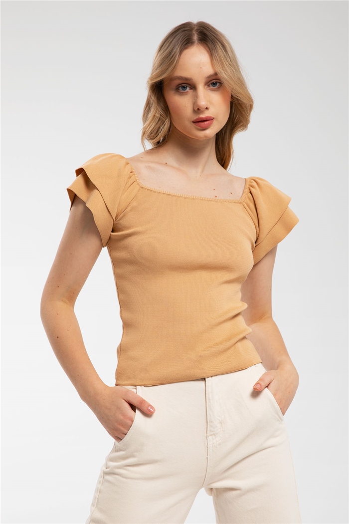 Avrile Kolları Fırfırlı Kayık Yaka Triko Kazak  CAMEL  A91797-S