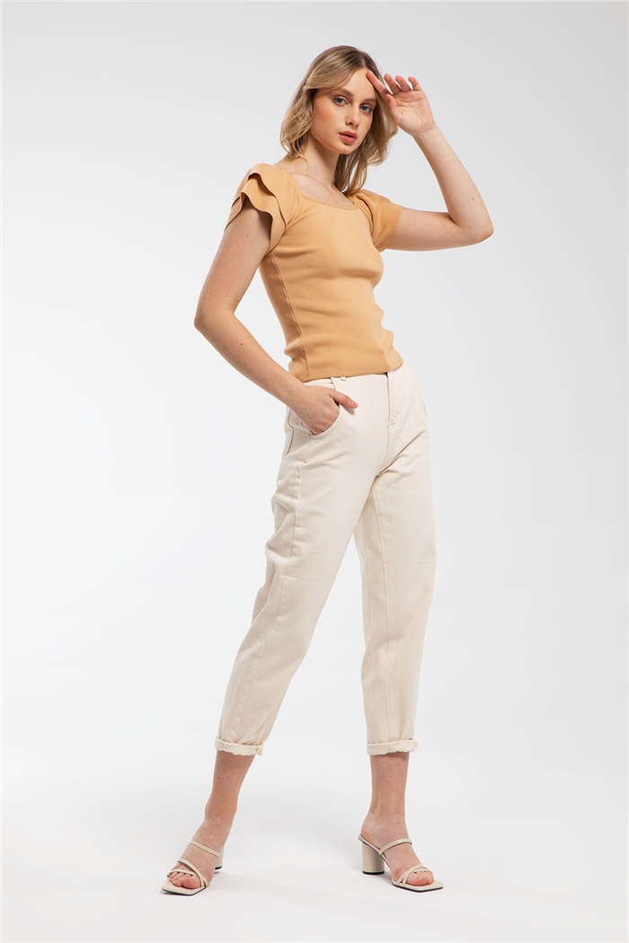 Avrile Kolları Fırfırlı Kayık Yaka Triko Kazak  CAMEL  A91797-S