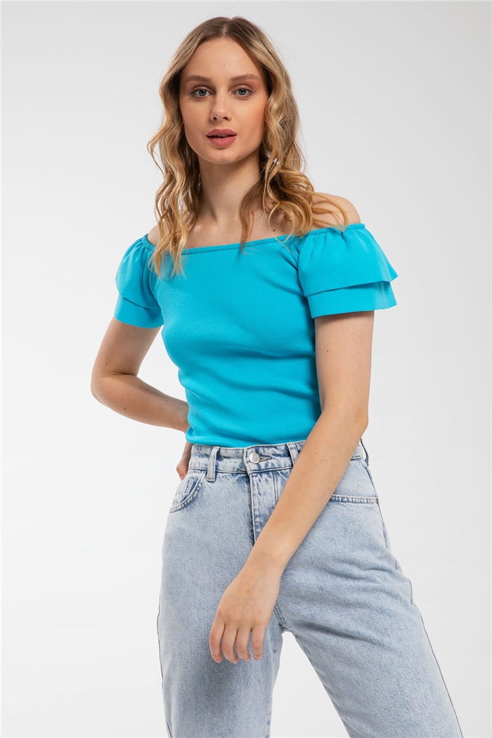 Avrile Kolları Fırfırlı Kayık Yaka Triko Kazak  AQUA  A91797-S