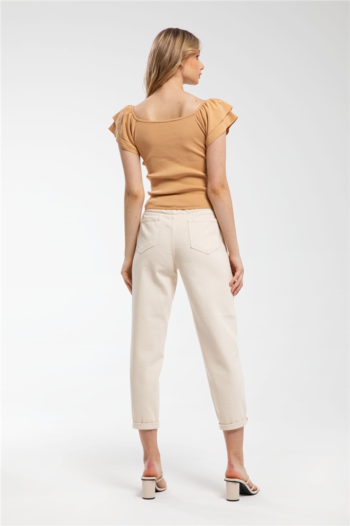 Avrile Kolları Fırfırlı Kayık Yaka Triko Kazak  CAMEL  A91797-S