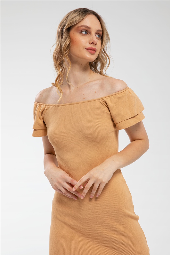 Avrile Kolları Katlı Büzgülü Triko Elbise  CAMEL  A91792-S