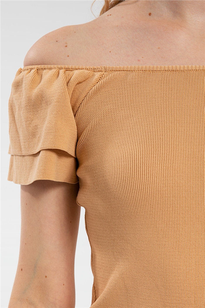 Avrile Kolları Katlı Büzgülü Triko Elbise  CAMEL  A91792-S