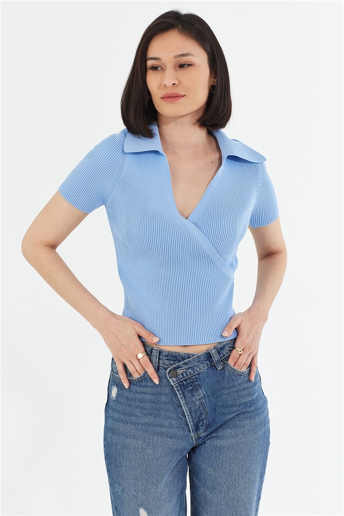 Avrile Kruvaze Polo Yaka Kazak  BEBE MAVİ  A92051-S