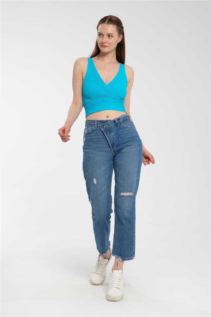 Avrile Kruvaze Yaka Fitilli Triko Bluz  AQUA  A91748-S