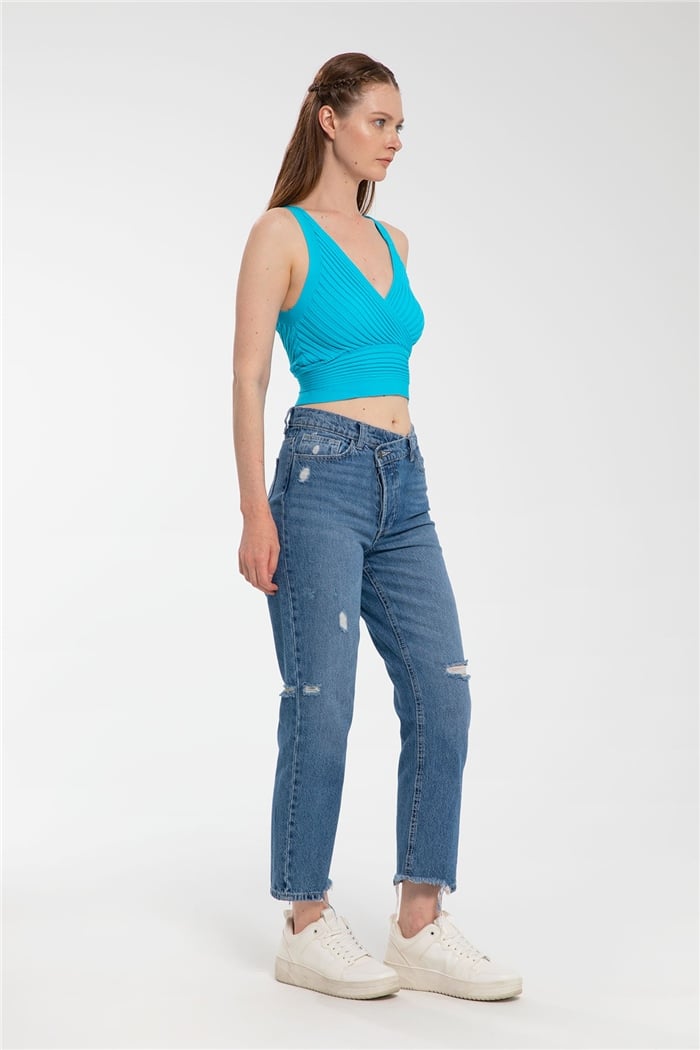 Avrile Kruvaze Yaka Fitilli Triko Bluz  AQUA  A91748-S