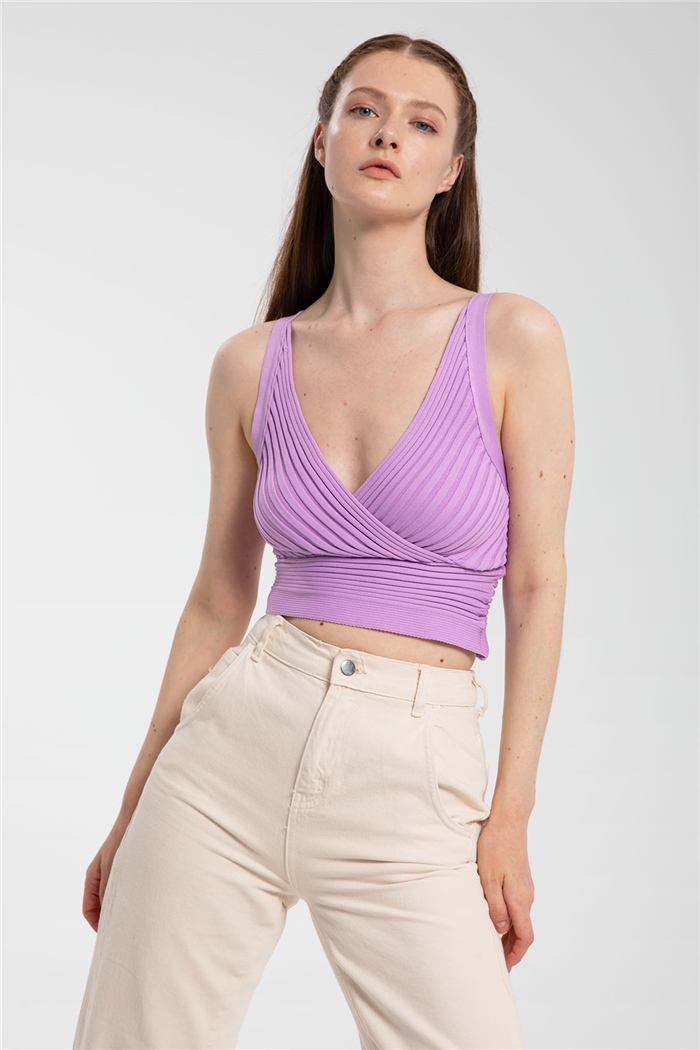 Avrile Kruvaze Yaka Fitilli Triko Bluz  LİLA  A91748-S