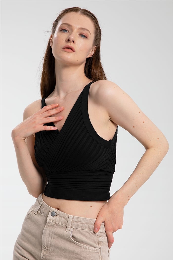Avrile Kruvaze Yaka Fitilli Triko Bluz  SİYAH  A91748-S
